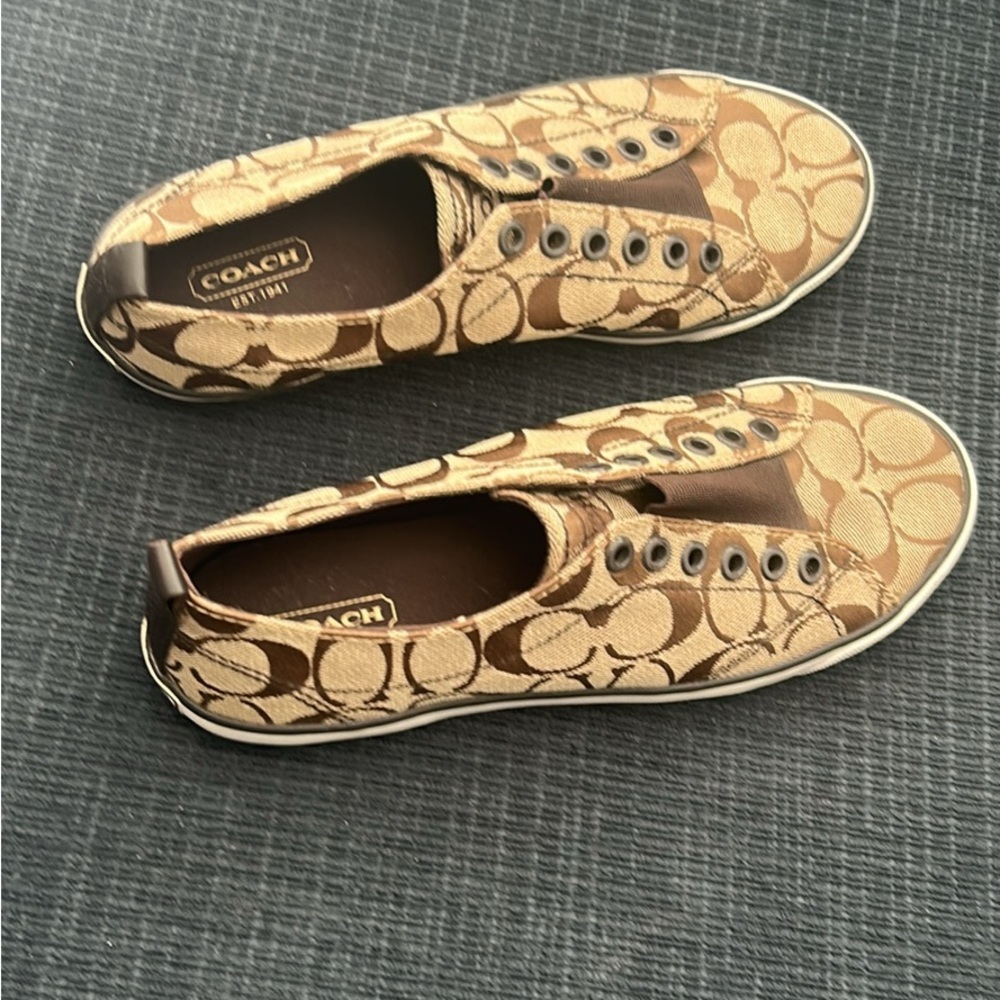 Coach Tan and Brown Patterned Slip-Ons